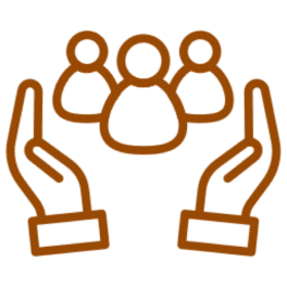 Hands holding three people icons.